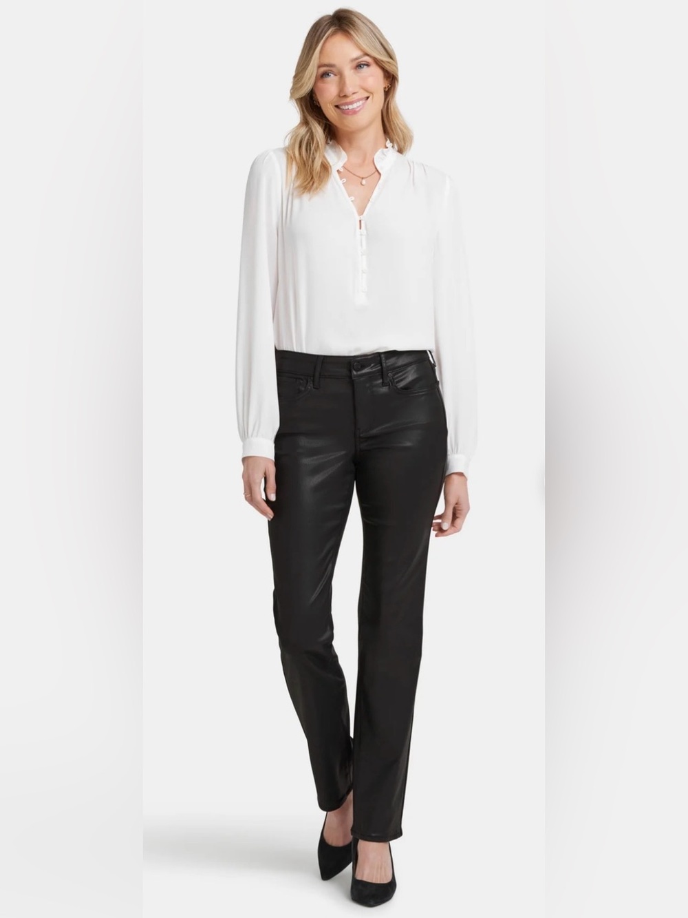 NWT NYDJ Marilyn Straight Black Coated Pants 14W‎ Lift Tuck Plus Faux Leather
